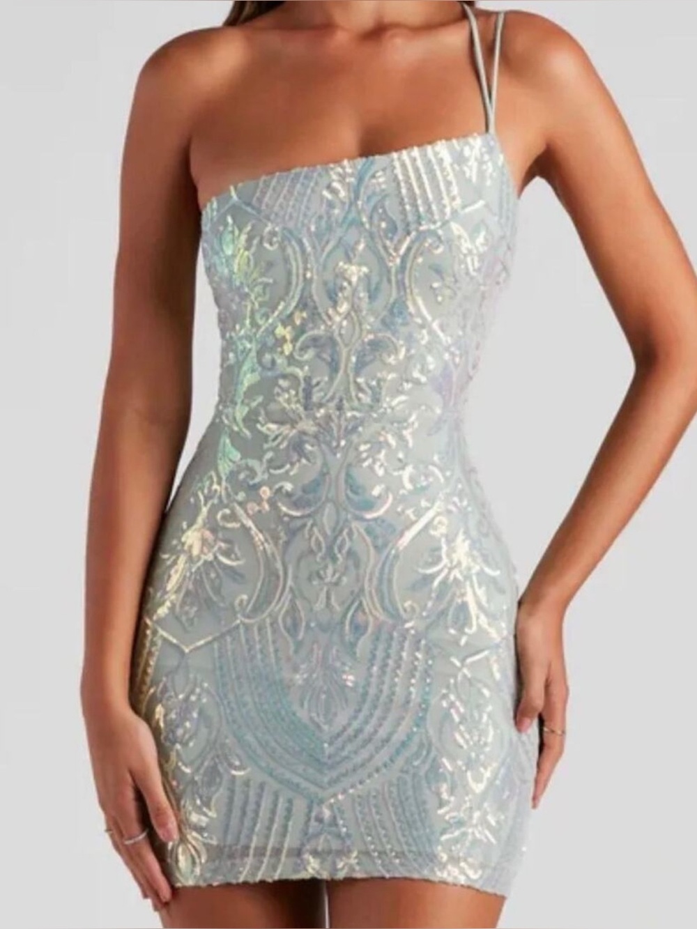 Windsor Karla Sequin Iridescent HOCO One Shoulder Mini Dress Mint Green Size XS